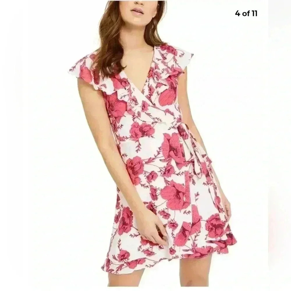 Free People French Quarter Floral Ruffle Mini Wrap Dress Short Sleeve Pink Sz.SP